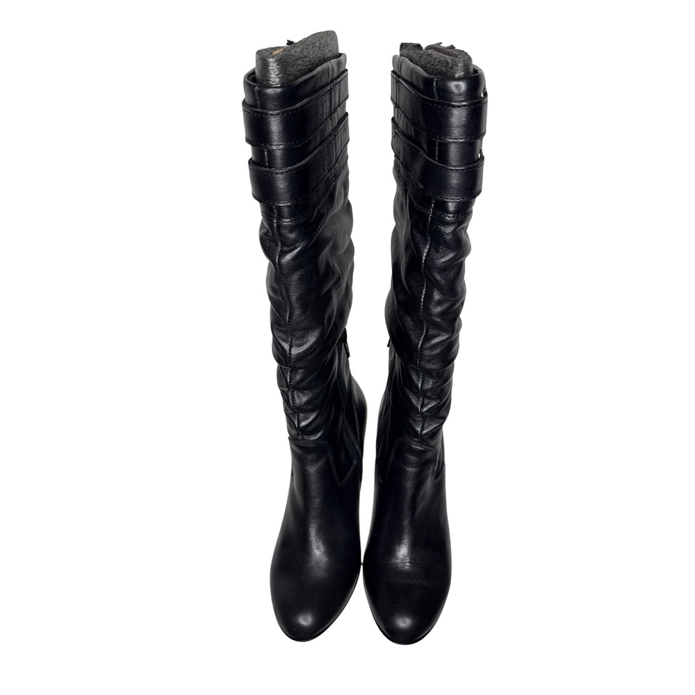 Aldo Tall Slouch Boots Womens 37 Black Leather High Heel Buckle Zip Mid Calf F09